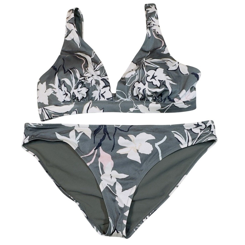 Athleta Womens Medium 2c Bikini Swimsuit Aqualuxe Wildflower Plunge Top Scribble